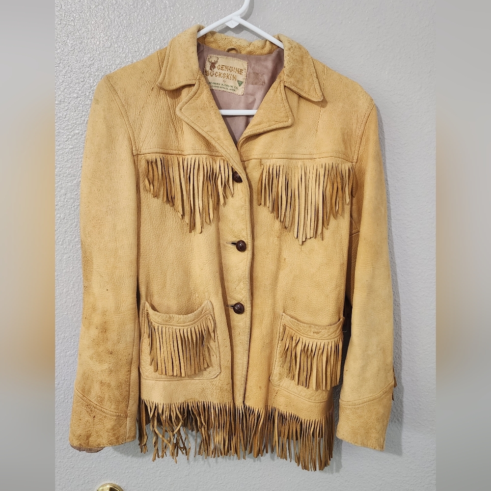 Tan Buckskin Leather Jacket with Fringe
